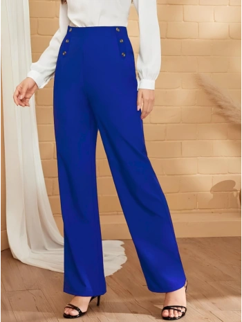 Kadın Düğme Detay Bol Paça Ithal Krep Pantolon