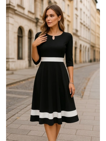 Kadın Truvakar Kol Yakası Açık Blok Renkli Krep Midi Elbise