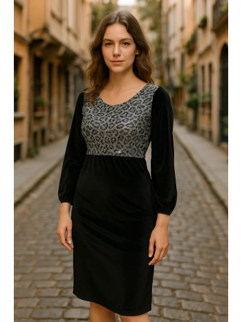 Kadın Fırsat ürünü Leopar Desen Pul Payet Işlemeli Midi Boy Kadife Kumaş Elbise