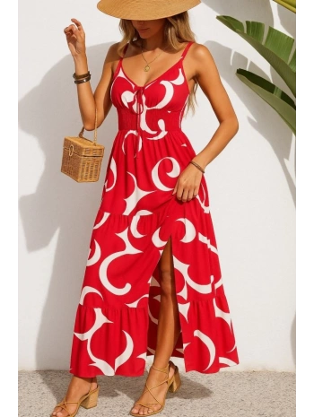 Kadın Ip Askılı Dekolteli Bağcıklı Yırtmaçlı Desenli Süprem Elbise