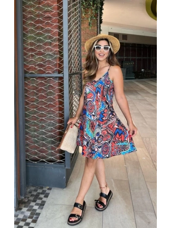 Kadın Ip Askılı V Yakalı Desenli Kısa Süprem Elbise