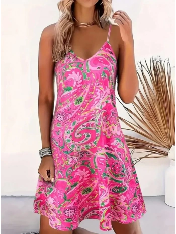 Kadın Ip Askılı V Yakalı Desenli Kısa Süprem Mini Elbise