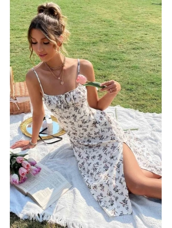 Kadın Ip Askılı Yakadan Bağcıklı Desenli Süprem Elbise