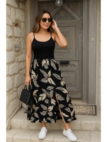 Kadın Ip Askılı Yuvarlak Yaka Belden Dantelli Desenli Yırtmaçlı üst Viskon Alt Süprem Midi Elbise