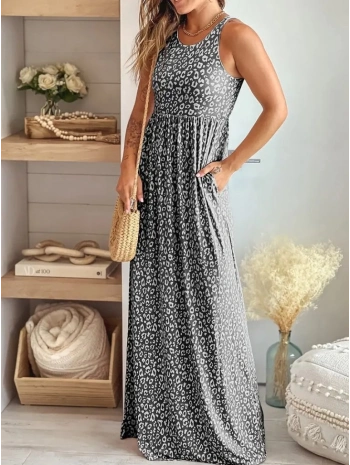 Kadın Kalın Askılı Yuvarlak Yaka Cepli Süprem Maksi Elbise