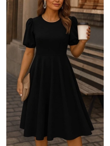 Kadın Kısa Balon Kollu Bisiklet Yaka Geniş Kesim Janjan Krep Elbise