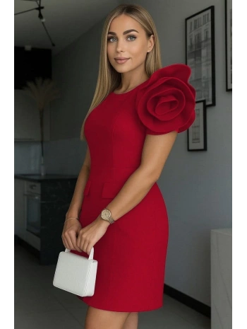 Kadın Kısa Gül Detaylı Kollu Bisiklet Yaka Cepli Mini Atlas Elbise