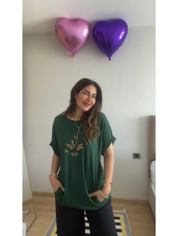 Kadın Kısa Kollu Bisiklet Yaka Cepli Kelebek Baskılı Viskon Elbise