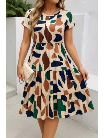 Kadın Kısa Kollu Bisiklet Yaka Desenli Fırfırlı Süprem Elbise