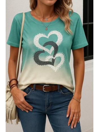 Kadın Kısa Kollu Bisiklet Yaka Kalp Baskılı Süprem Bluz