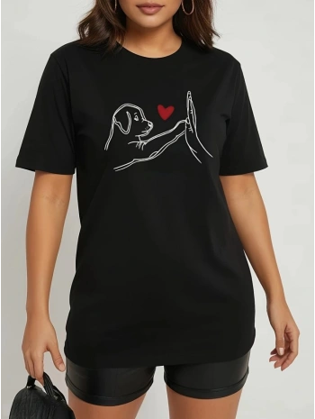 Kadın Kısa Kollu Bisiklet Yaka Köpek Baskılı Viskon Bluz