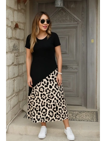 Kadın Kısa Kollu Bisiklet Yaka Leopar Detaylı Midi üst Viskon Alt Süprem Elbise