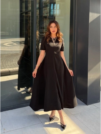 Kadın Kısa Kollu Bisiklet Yaka Maksi Boy Ithal Krep Elbise