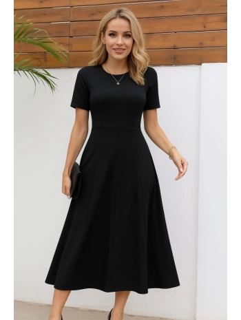 Kadın Kısa Kollu Bisiklet Yaka Maksi Boy Ithal Krep Elbise