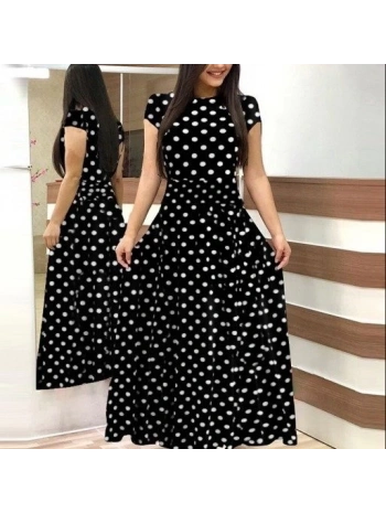 Kadın Kısa Kollu Bisiklet Yaka Puantiyeli Maksi örme Krep Elbise