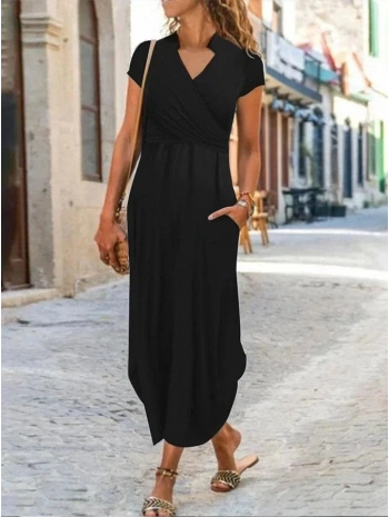 Kadın Kısa Kollu Hakim V Yaka Viskon Elbise