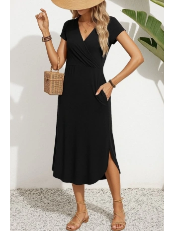 Kadın Kısa Kollu Hakim V Yaka Viskon Elbise