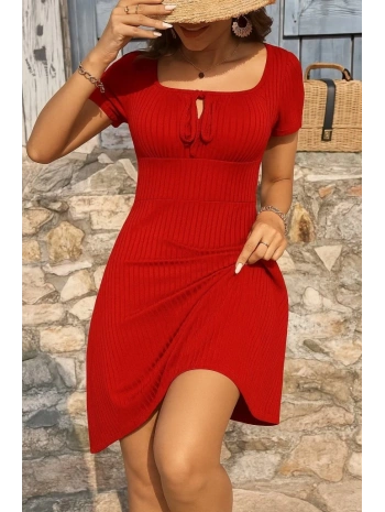 Kadın Kısa Kollu Kare Yakalı Bağcıklı Kaşkorse Elbise
