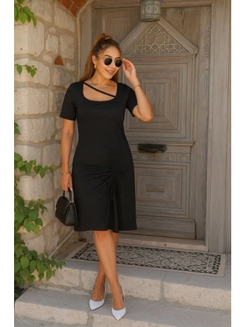 Kadın Kısa Kollu Kare Yakalı Ip Detaylı Janjan Krep Elbise