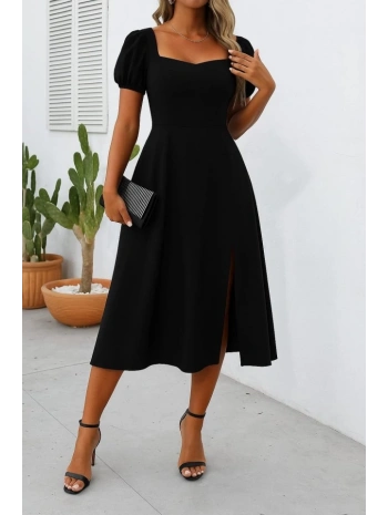 Kadın Kısa Kollu Kare Yakalı Yırtmaçlı Midi Janjan Krep Elbise