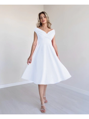 Kadın Kısa Kollu Kruvaze Yaka Eteği Volanlı Krep Elbise