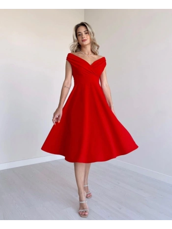 Kadın Kısa Kollu Kruvaze Yaka Eteği Volanlı Krep Elbise