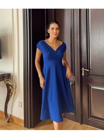 Kadın Kısa Kollu Kruvaze Yaka Eteği Volanlı Krep Elbise