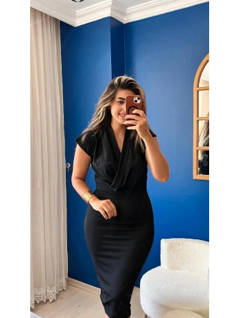 Kadın Kısa Kollu Kruvaze Yaka Krep Elbise (Kemersiz)