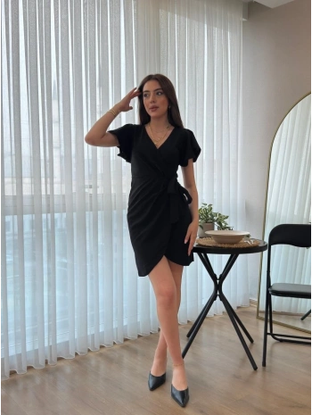 Kadın Kısa Kollu Kruvaze Yakalı Belden Bağlamalı Ithal Krep Elbise