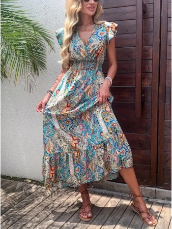 Kadın Kısa Kollu Kruvaze Yakalı Desenli Maxi Elbise