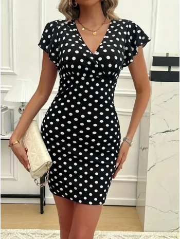 Kadın Kısa Kollu Kruvaze Yakalı örme Puantiyeli Krep Elbise