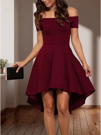 Kadın Kısa Kollu Madonna Yaka önü Kısa Arkası Uzun Ithal Krep Elbise