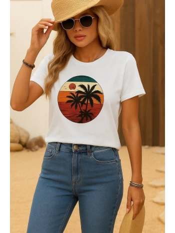 Kadın Kısa Kollu Palmiye Baskılı Viskon T-shirt
