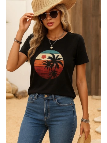 Kadın Kısa Kollu Palmiye Baskılı Viskon T-shirt