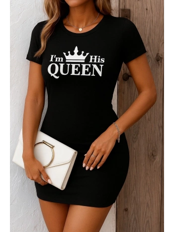 Kadın Kısa Kollu Queen Baskı Iki Iplik Mini Elbise