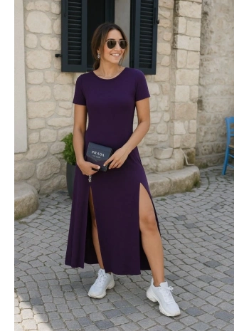 Kadın Kısa Kollu Sırt Dekolteli Yırtmaç Detaylı Viskon Elbise