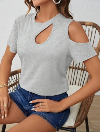 Kadın Kısa Kollu Tek Omuzu Açık Damla Detaylı Viskon Bluz