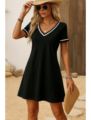Kadın Kısa Kollu V çizgili Yakalı Kısa Viskon Elbise