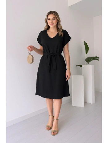 Kadın Kısa Kollu V Yakalı Beli Kuşaklı Ithal Keten Elbise