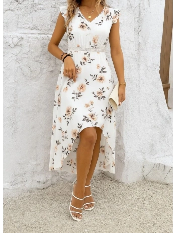 Kadın Kısa Kollu V Yakalı çiçek Desenli önü Kısa Arkası Uzun Pegasus Elbise