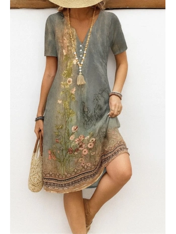 Kadın Kısa Kollu V Yakalı Desenli Süprem Elbise