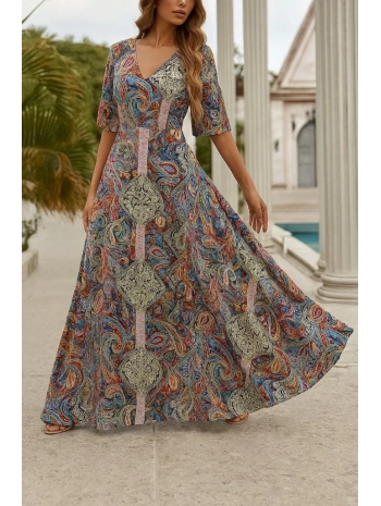 Kadın Kısa Kollu V Yakalı Desenli Süprem Elbise