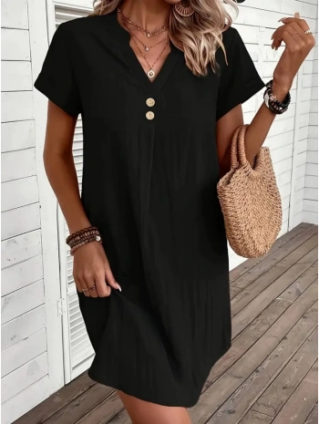 Kadın Kısa Kollu V Yakalı Düğmeli Müslim Kısa Elbise