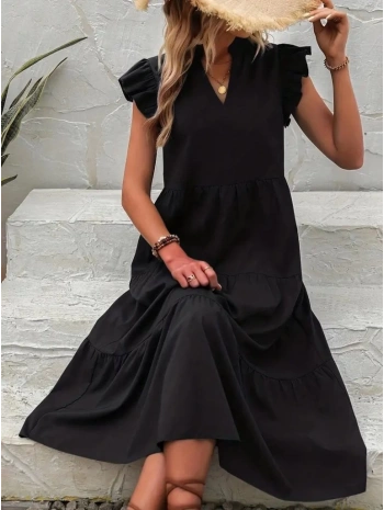 Kadın Kısa Kollu V Yakalı Geniş Kesim Uzun Trikoton Elbise