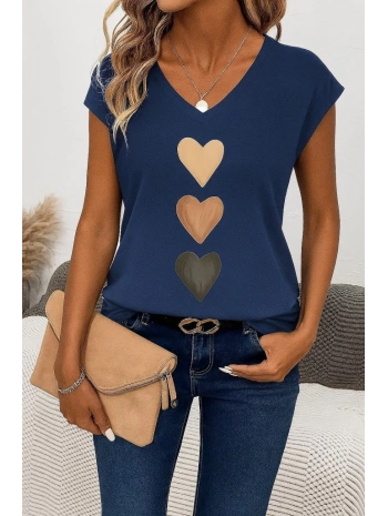 Kadın Kısa Kollu V Yakalı Kalp Desen Viskon Bluz
