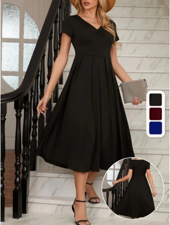 Kadın Kısa Kollu V Yakalı önden Pileli Midi Janjan Krep Elbise