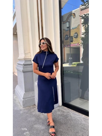 Kadın Kısa Kollu Yakadan Ve Etekten Fermuarlı Midi Viskon Iki Iplik Elbise