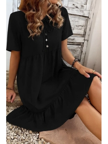 Kadın Kısa Kollu Yakası Bağcıklı önden Düğmeli Fırfır Desenli Süprem Elbise