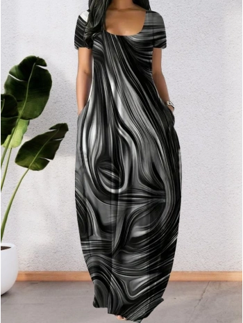 Kadın Kısa Kollu Yuvarlak Yaka Cepli Salaş Baskılı Süprem Elbise