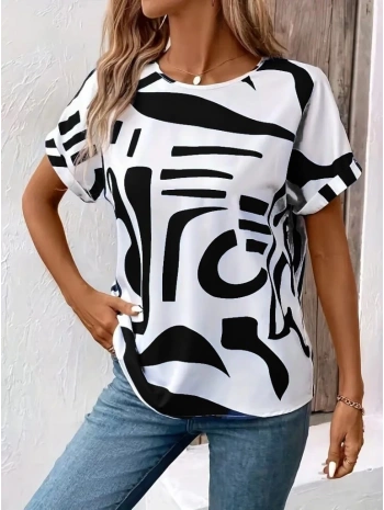 Kadın Kısa Kollu Yuvarlak Yaka Desenli Süprem Bluz